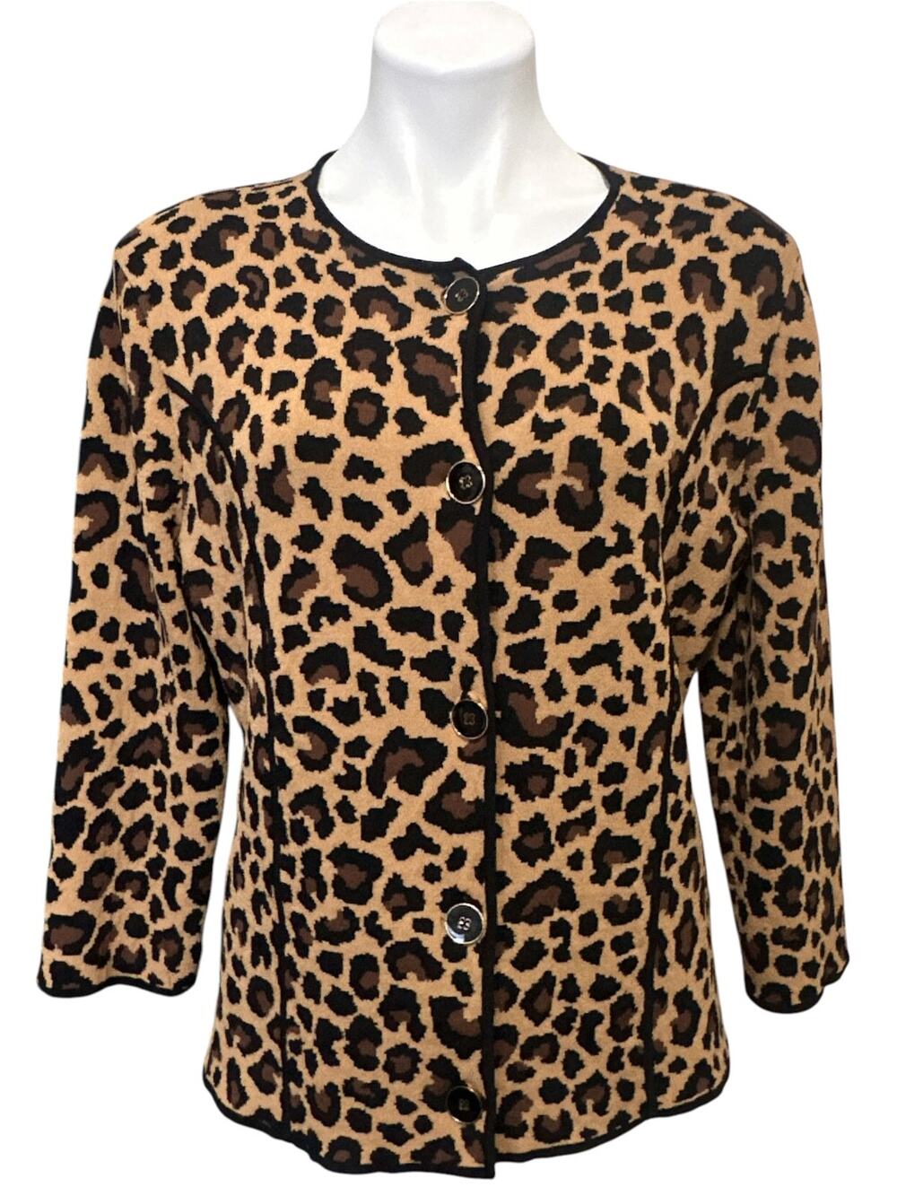 Jones New York Signature Cardigan Sweater Women's L Leopard Print Button Front